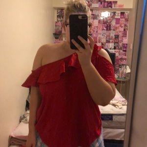 Red puffy sleeve off the shoulder top